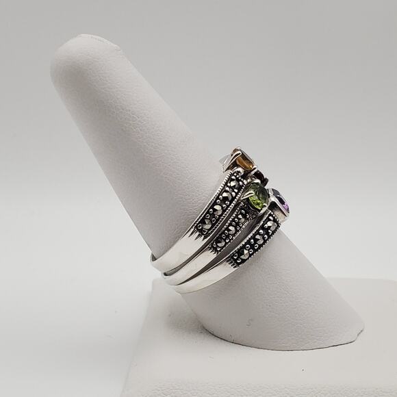 Sterling Silver 925 Marcasite & Gemstone Stack Rings (Set of 3) Size 10 - Picture 2 of 9